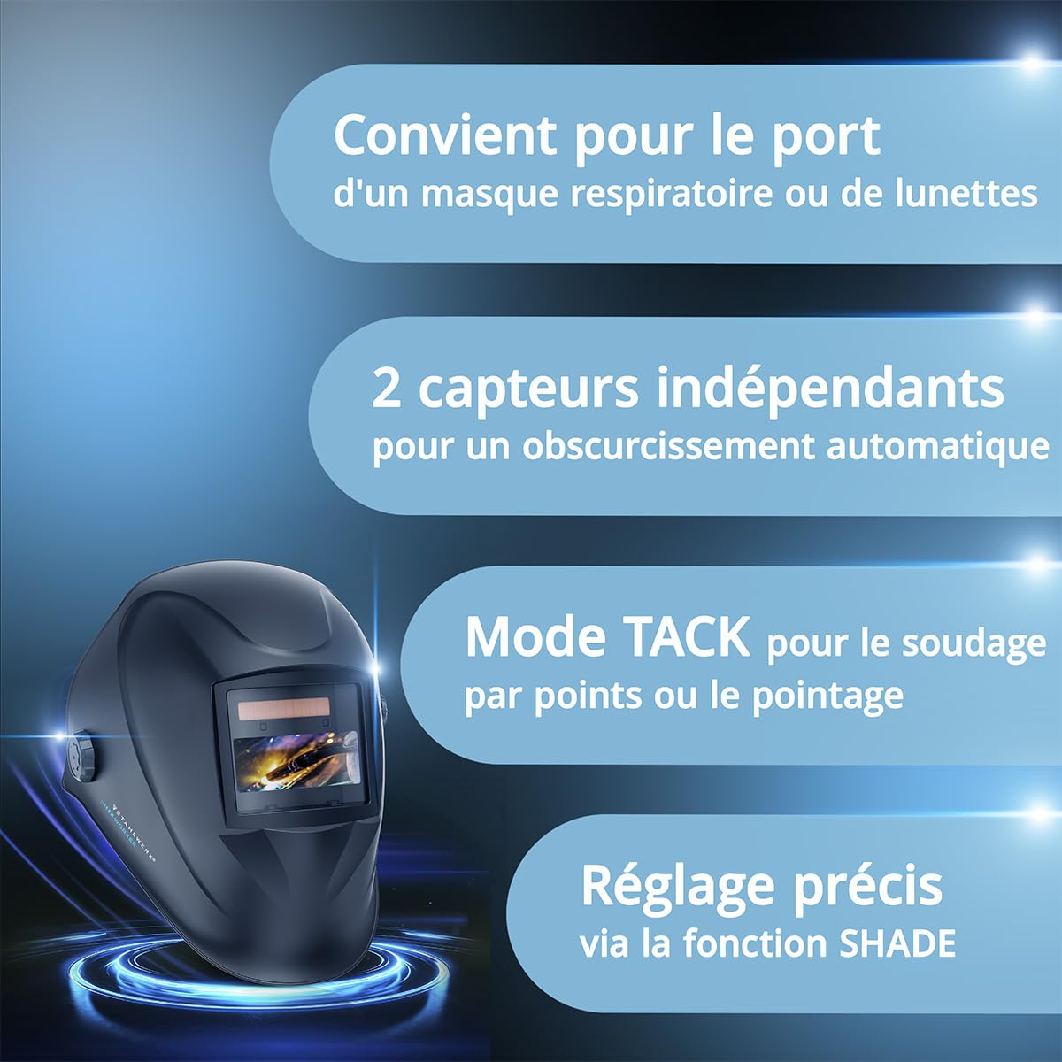 STAHLWERK Casque de soudage Automatique 3-en-1 Worker – Casque de Soudeur True Colour, obscurcissement Automatique DIN 4-13, Classe Optique 1/1/1/2, Champ de Vision 96 x 39 mm, écran de soudage