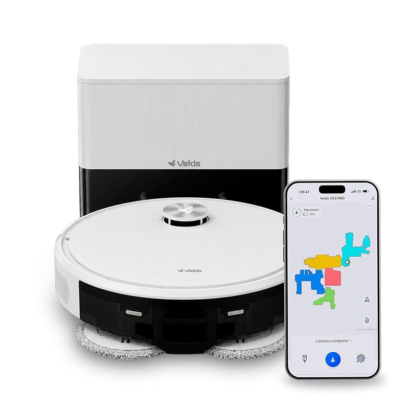 Robô Aspirador Velds V50 PRO, Base Autolimpante, Mop Duplo Giratório, Sucção de 10000Pa, Mapeamento Avançado, Sensor Antiqueda, Branco 127V