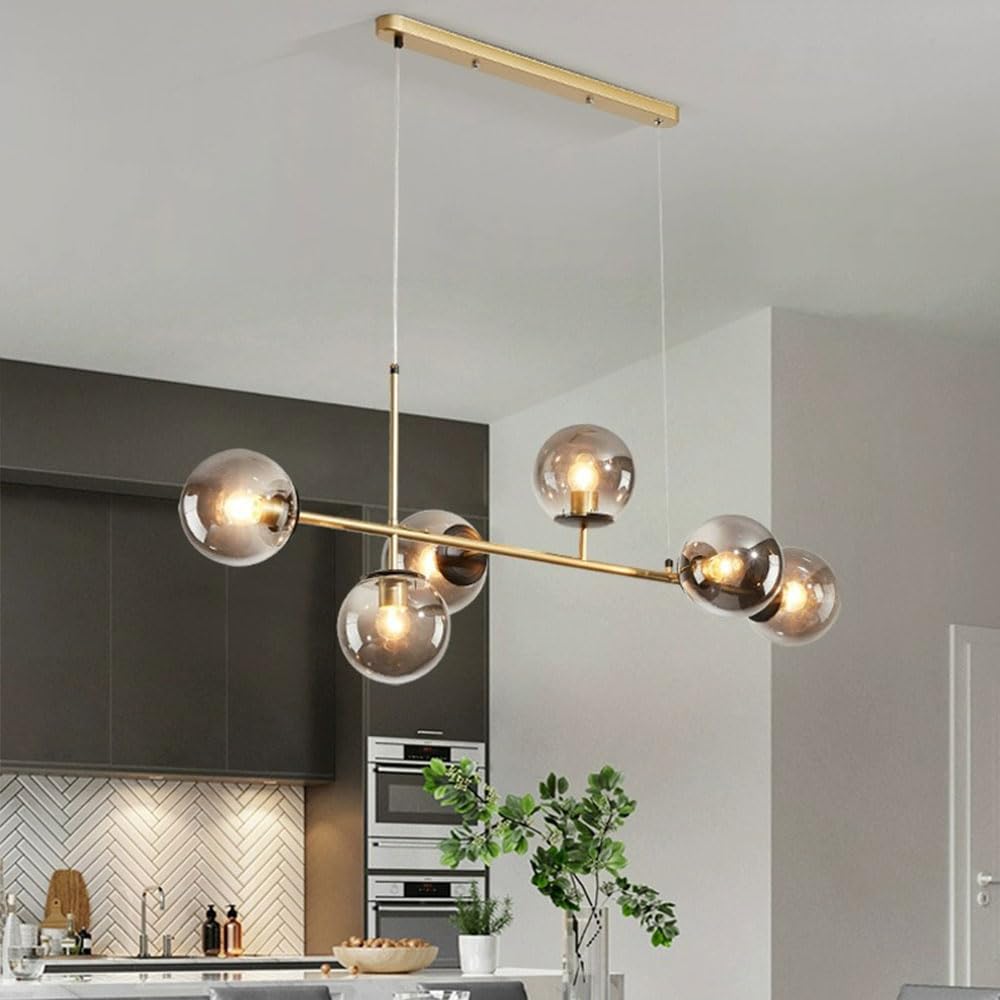 CONERY Lámpara de araña moderna de 6 luces, lámpara colgante de cristal con forma de globo, altura ajustable, lámpara de techo grande de mediados de siglo E27 para isla de cocina