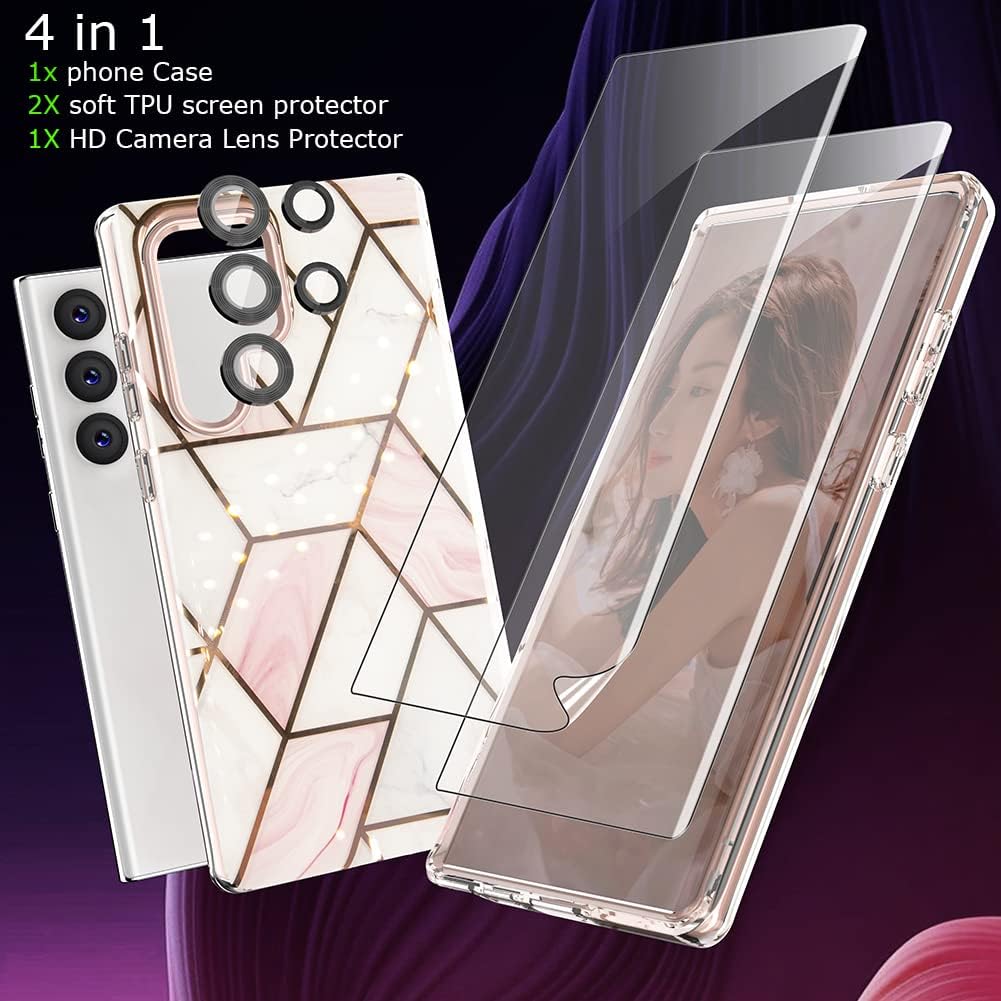 DAKORIE for Samsung Galaxy S22 Ultra Case with Screen Protector, S22 Ultra Marble Case+2 Pack Film Screen Protector+ 1 Pack Camera Lens Protection Ring Cover (Pink Set)