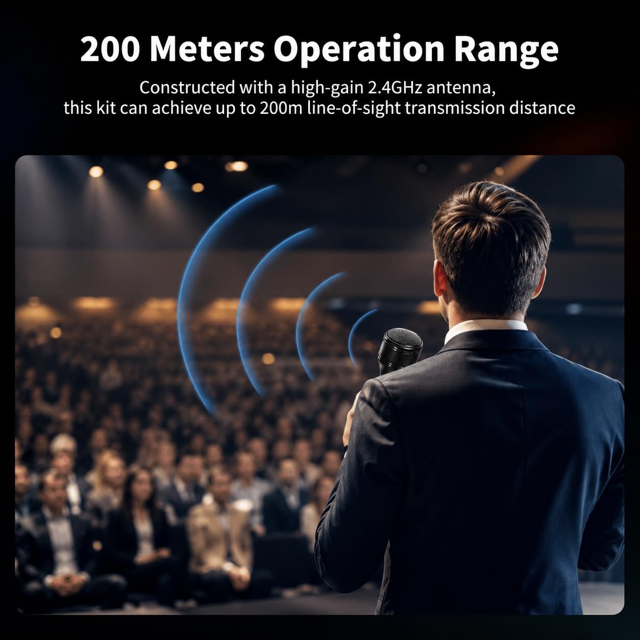 Micrófono de mano inalámbrico con alcance de 200 m, batería de 60 horas, reducción de ruido con un solo clic y compatibilidad universal para smartphones, PC, iOS/Android, incluye parabrisas y