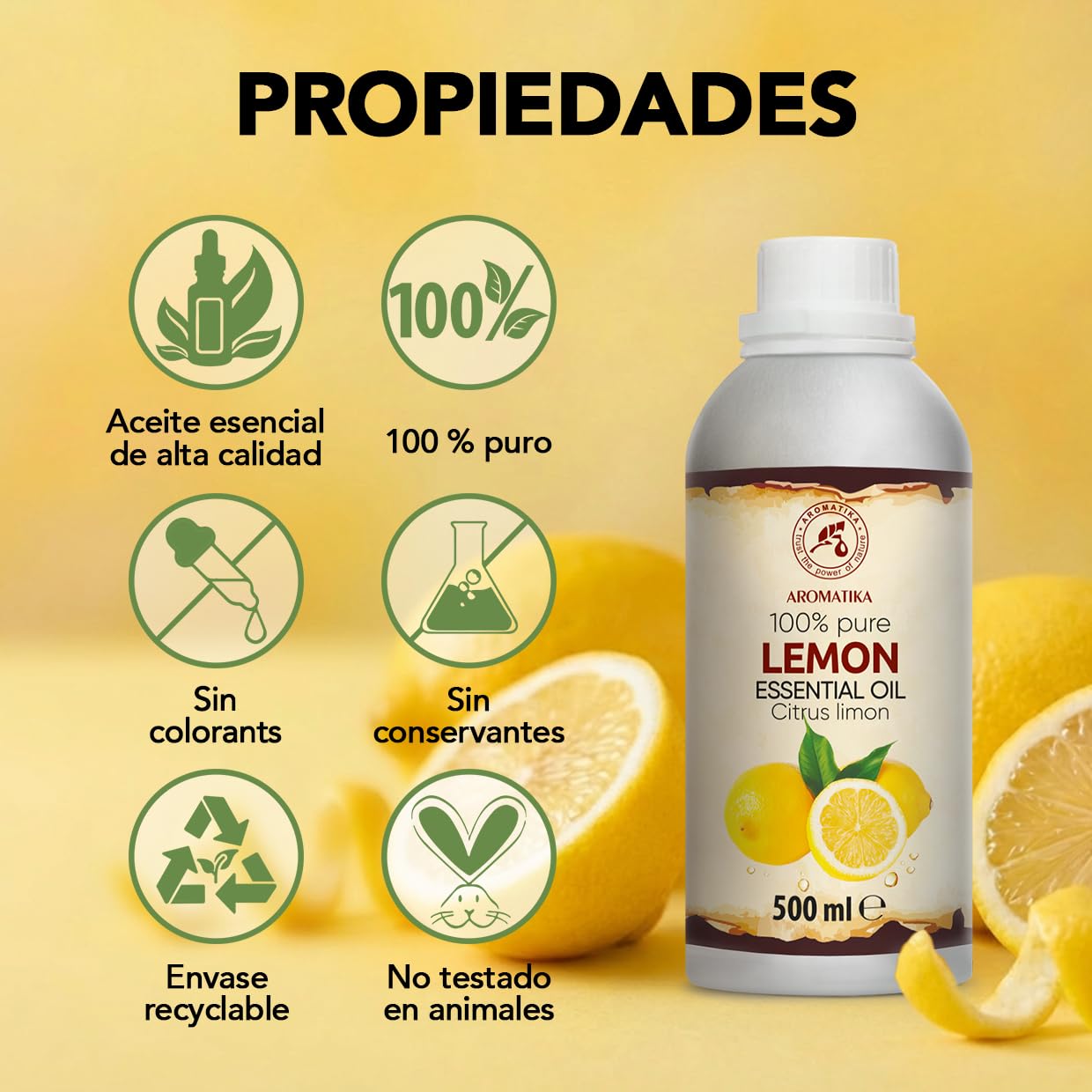 Aceite Esencial de Limón 500 ml - Citrus Limon - Natural y Puro - Aceites Esenciales para Difusores - Fragancias para el Hogar - Jabones y Velas - Sauna - Aroma Cítrico - Aromaterapia