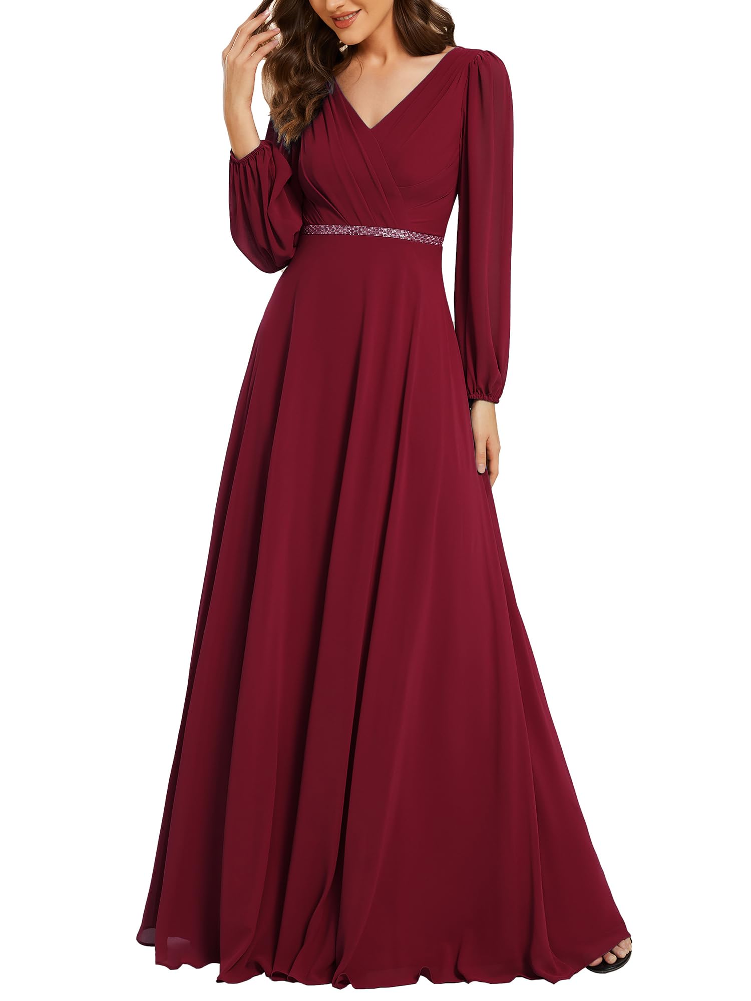 Ever-Pretty Avondjurk voor dames, lang, gast, bruiloft, chiffon, lange mouwen, V-hals, A-lijn, chic, EE01981-P, Zwart, 44
