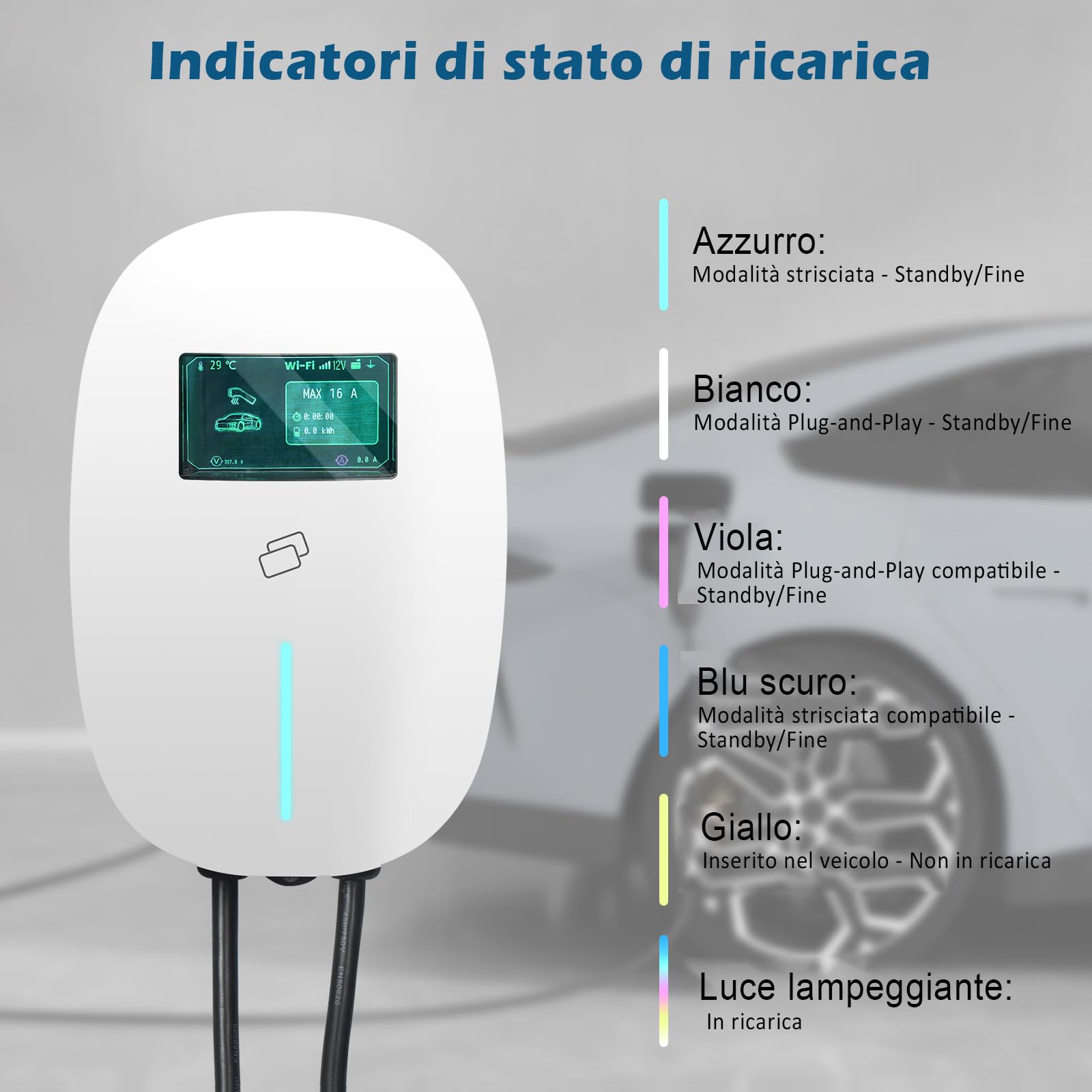 YU YUSING Columna de carga de coche eléctrico 11 kW, 7 m cable carga coche eléctrico tipo 2, 6-16 A Wallbox trifásico, carga coche eléctrico con Schuko, contra APP, LCD digital y soporte, IP65, blanco