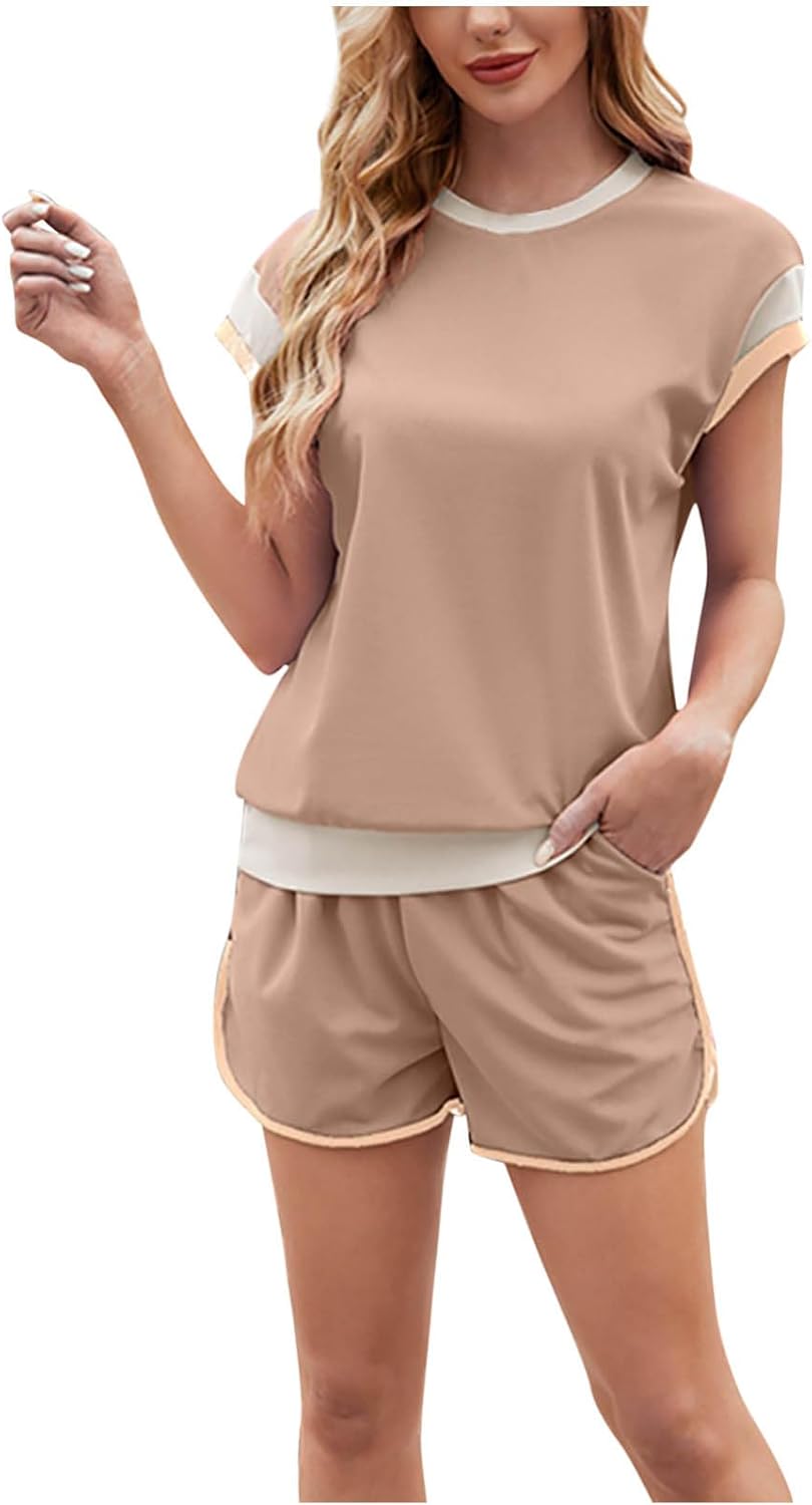 HGps8w Two Piece Shorts Set for Women Summer Sweatsuits Outfits Color Block Casual Short Sleeve Tshirt Workout Lounge Clothes