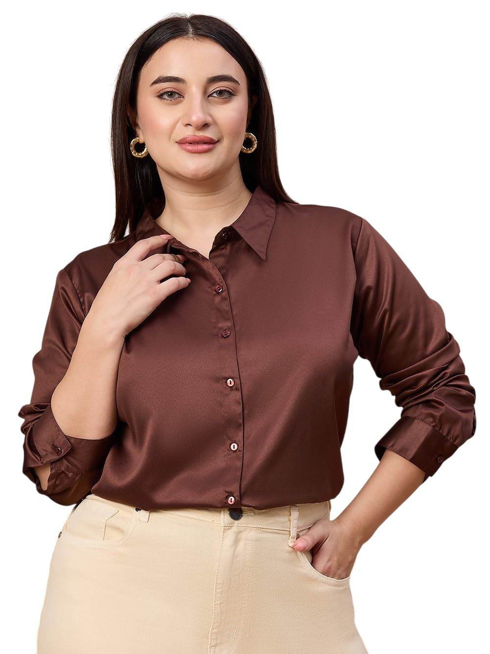 style quotient Plus Women Solid Wine Satin Formal Shirt-picture-11