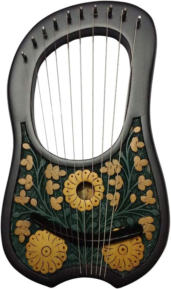 HS Lyre Harp 10 Metal String Instrument Shesham Wood/Lyra Harps/Lyre Harfe/Arpa (BLACK FLOWER DESIGN)