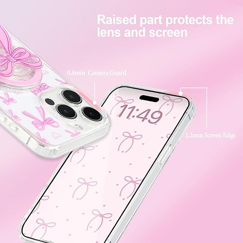 Miniatura 4 de Funda magnética para iPhone 16e, funda magnética 3D rosa con lazo, bonito diseño estético de lazo transparente rosa, funda protectora transparente