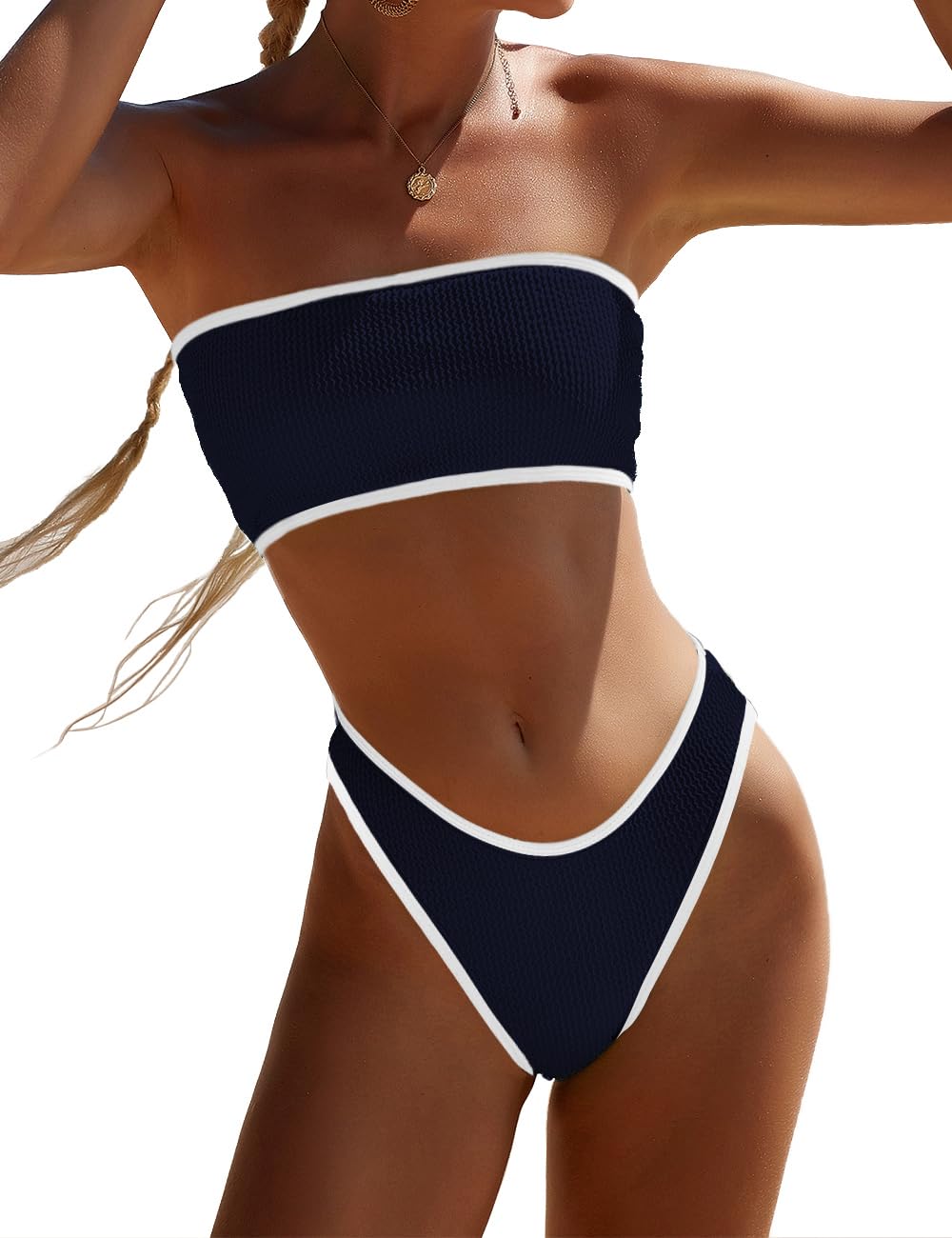 YIMISAN Costume da bagno da donna a due pezzi a fascia, a coste, senza spalline, top a tubo, vita media, Bianco e nero., M