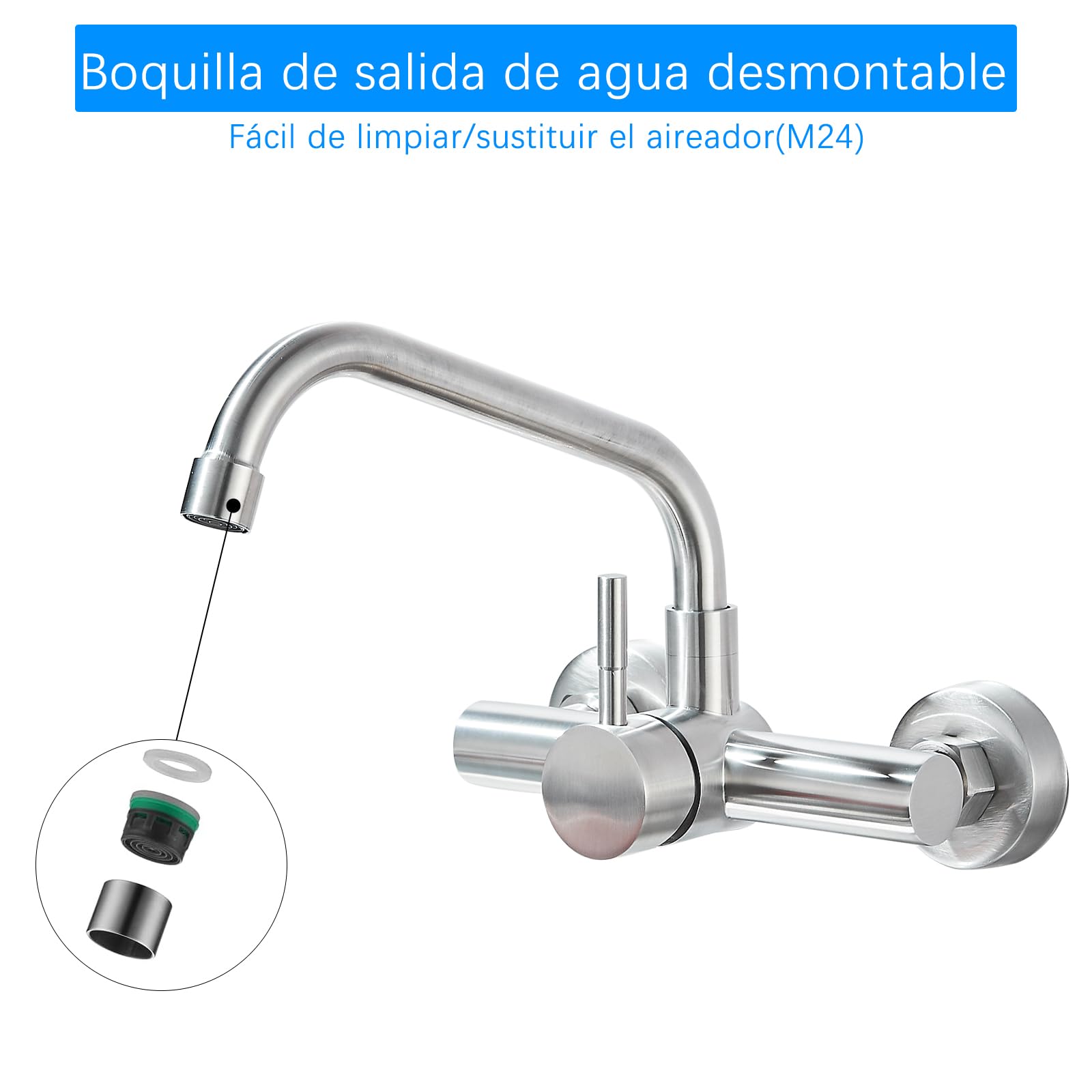 Grifo Cocina de Pared 15 cm Orificio de Montaje, Grifería de Mezclador Monomando de Acero Inoxidable 304, Grifería de Fregadero Rotación de 360​°, Agua Fría y Caliente, Plateado