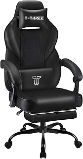 T-THREE.High-back ergonomic computer chair, gaming seat, office and study swivel chair, racing-style with adjustable lumbar and headrest support, 150kg capacity, includes footrest.(Black)