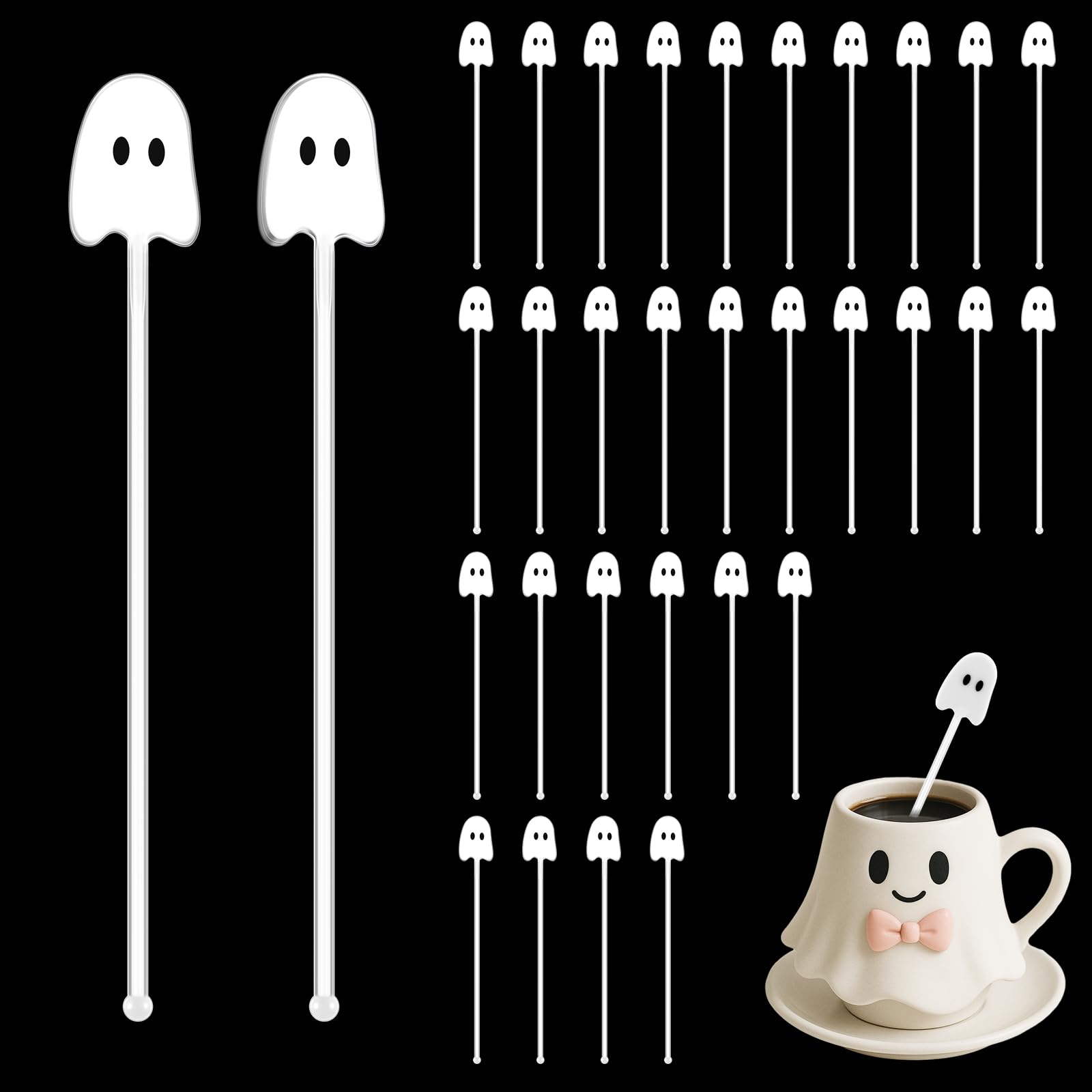 SiliFine 100 Pcs Halloween Swizzle Sticks Plastic Coffee and Cocktail Stirrers Halloween Drink Stirrers Reusable Cocktail Sticks for Thanksgiving Fall Party Tea Coffee Bar decoration(Ghost)