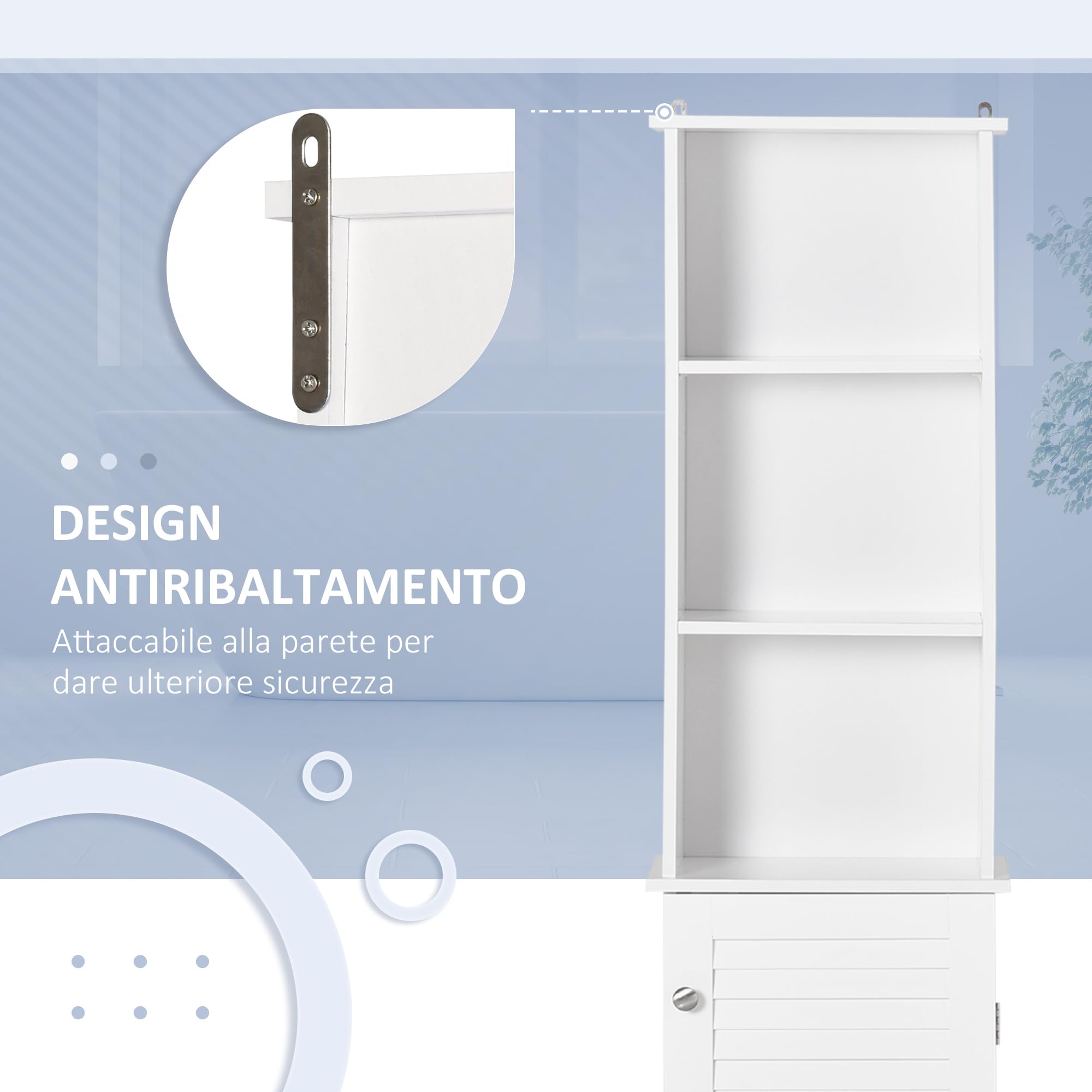 HOMCOM Colonna Bagno con Ripiano a 3 Livelli e Armadietto Chiuso, Mobile Bagno Salvaspazio, 34x20x165 cm, Bianco