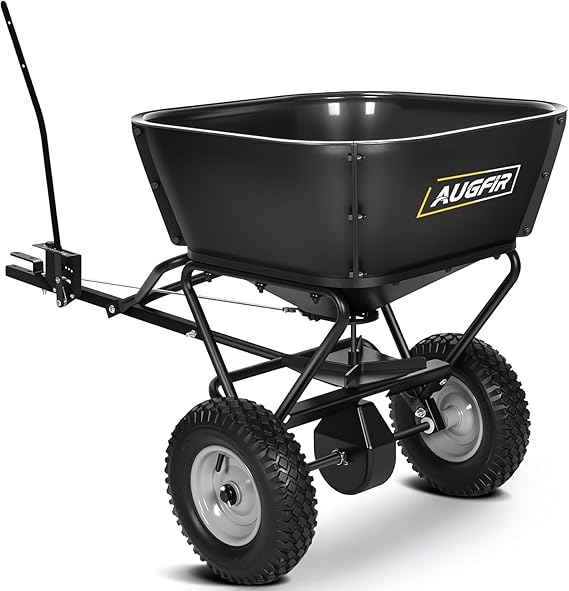 AugFir Tow Behind Broadcast Spreader, 130 LBS Capacity Lawn Fertilizer Spreader for Riding Mower, ATV, UTV & Tractor, 12 FT Spread Width Pull Behind Spreader Seeder for Grass Seed, Salt, Ice Melt