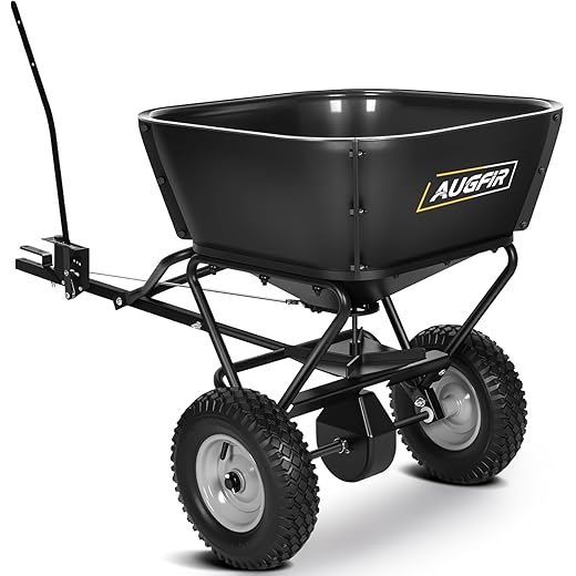 AugFir Tow Behind Broadcast Spreader, 130 LBS Pull Behind Lawn Garden Spreader with Adjustable Flow Control, 12 FT Spread Width Heavy Duty Fertilizer and Seed Spreaders for Riding Mower, Tractor, ATV