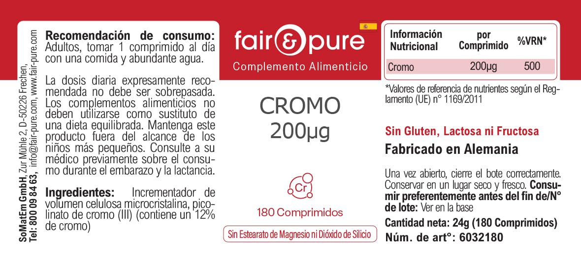Tabletki chromu Fair & Pure 200 μg, 180 tabletek, wegański suplement diety bez dodatków, wyprodukowano w Niemczech
