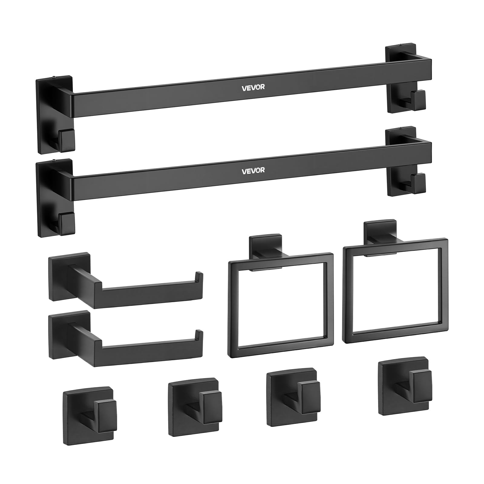 VEVOR Juego de Accesorios de Baño, con 2 Toalleros, 2 Porta Toallas Anillo Cuadrado, 2 Ganchos de 4 Piezas y 2 Portarrollos de Papel Higiénico, en Pared, Negro Mate, 10 uds, 595 x 100 x 80 mm