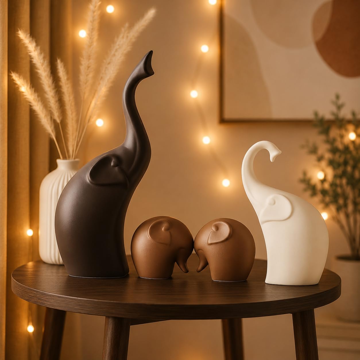 Xtore Home Décor Elephant Family Matte Finish Ceramic Figures - (Set of 4 Piece, Matte Brown)
