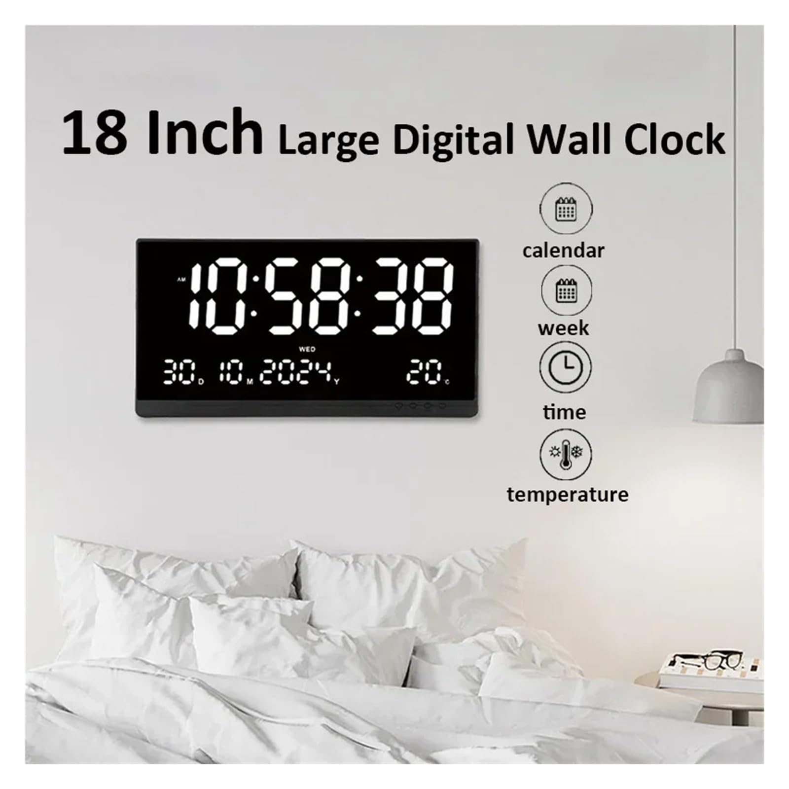 Grande horloge murale numérique de 21 pouces, calendrier 12/24H, affichage de l'heure/jour/mois/année/température, réveil électronique LED Utilisation multiscénario(Blue)