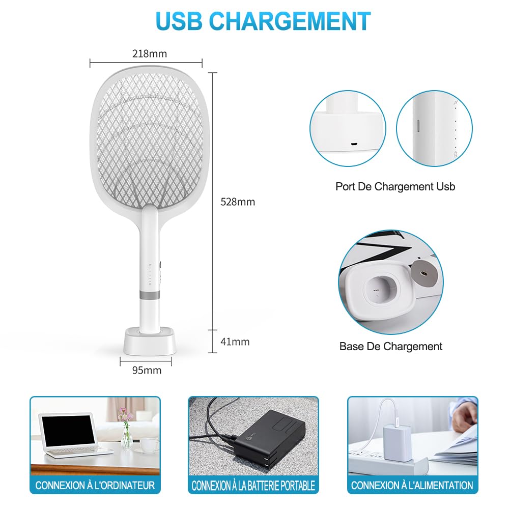 DANGZW Tapette à Mouches Électrique 5000V 2 en 1 2000 mAh USB Rechargeable avec Base de Chargement