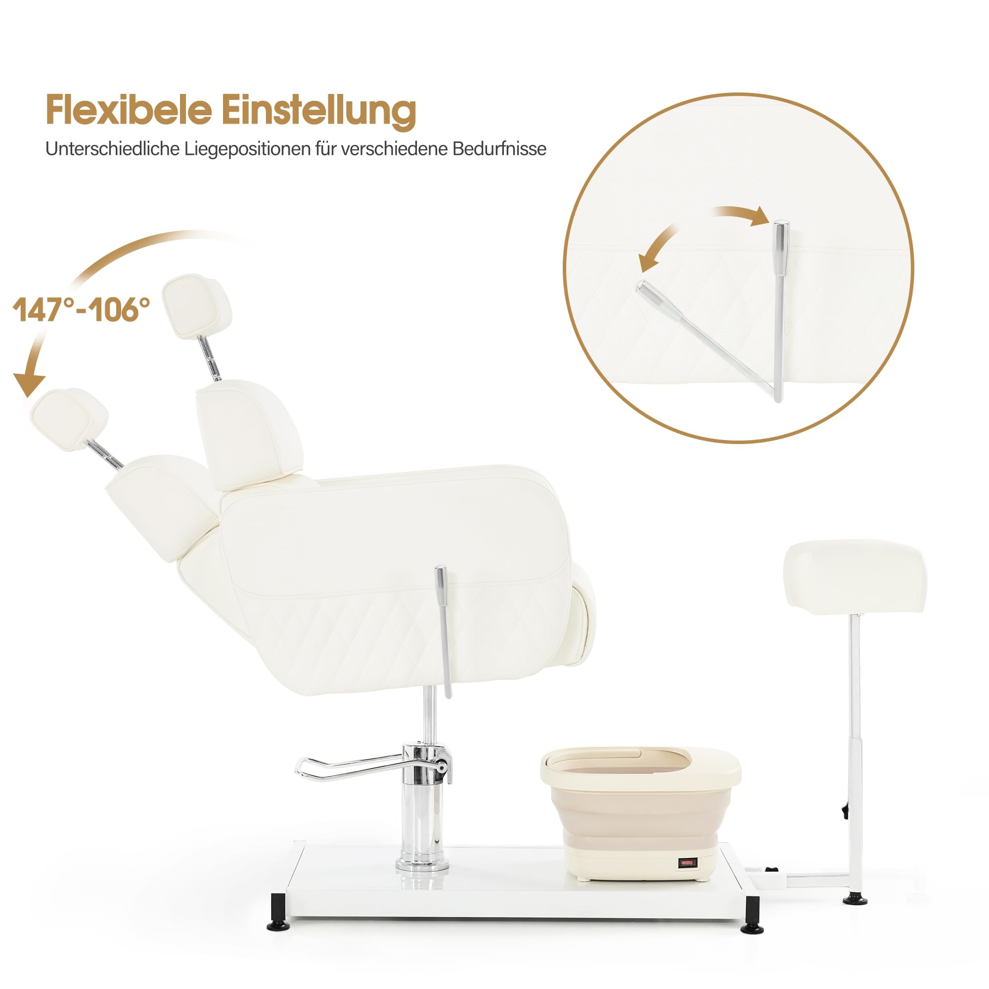 Barberpub Pediküre Stuhl mit Fußbadewanne & Pediküre Hocker, Friseurstuhl Höhenverstellbar & Kippbar, Rückenlehne & Kopfstütze Ausziehbar, Fußpflegestuhl für Nagelstudio F0380 (Weiß)