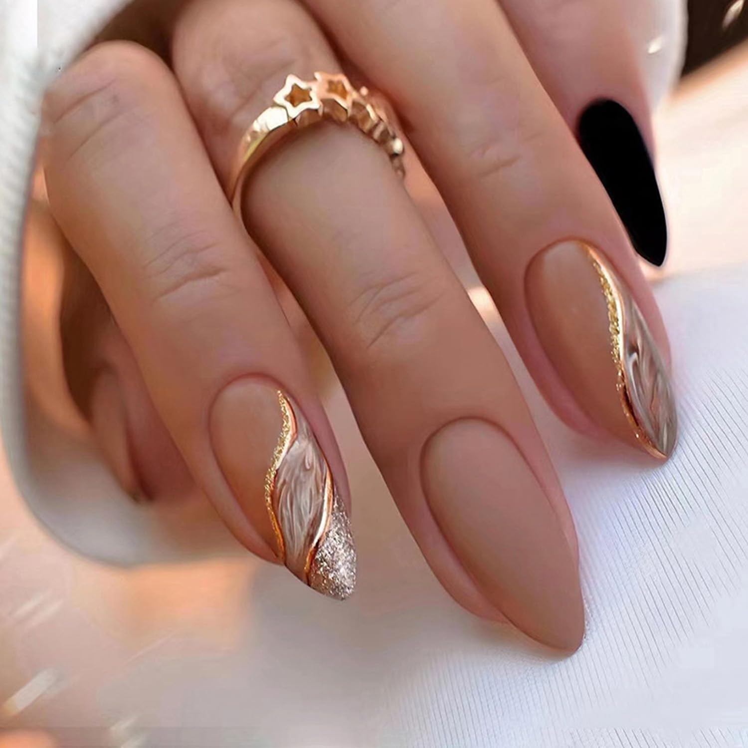 Amazon.com: 24-Piece Marble Press-On Nails, Curve Line Design, Glossy Brown  Glitter, Sparkly Gold River Manicure Art, Almond Shaped, False Nails :  Beauty & Personal Care