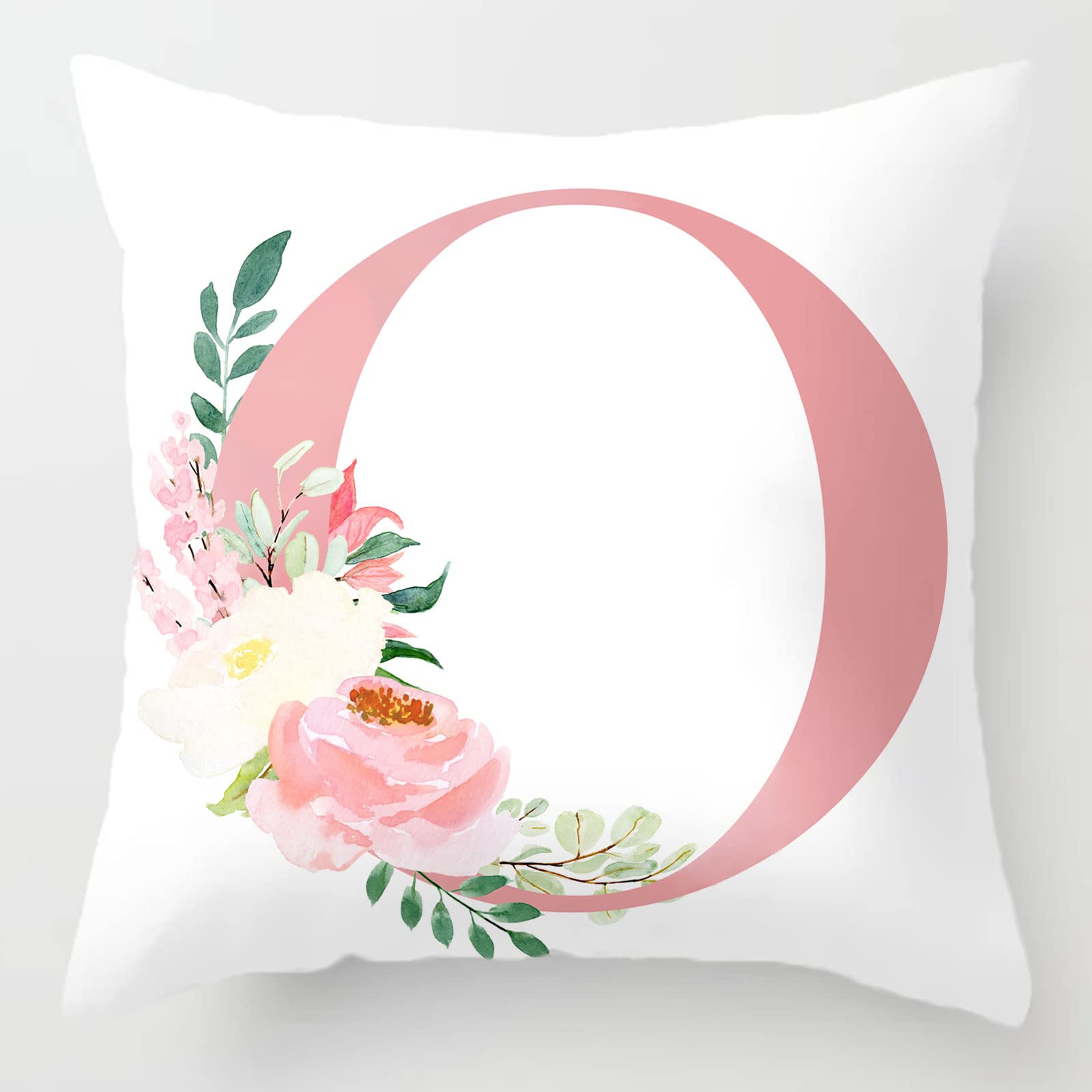 Alphabet Decorative Pillow Covers 16x16 Inch Pink Letter O Pillow Covers Floral Initial Throw Pillow Covers Soft White Velvet Square Cushion Covers