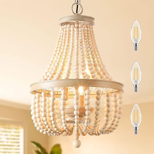 Qwoo Candelabro de madera con cuentas, lámpara de techo bohemia de montaje empotrado, lámpara retro con cuentas de madera para guardería, comedor,