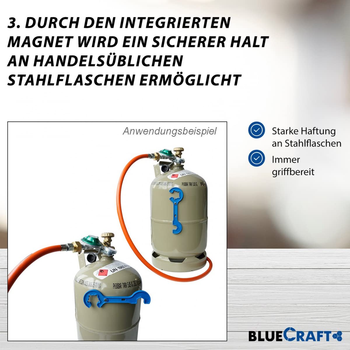 Bluecraft 4X Propan-Gasflasche 11kg grau Neu, leer, inkl. Gasreglerlöser mit Magnet + Schlüssel 17mm für Überwurfmutter 1/4"