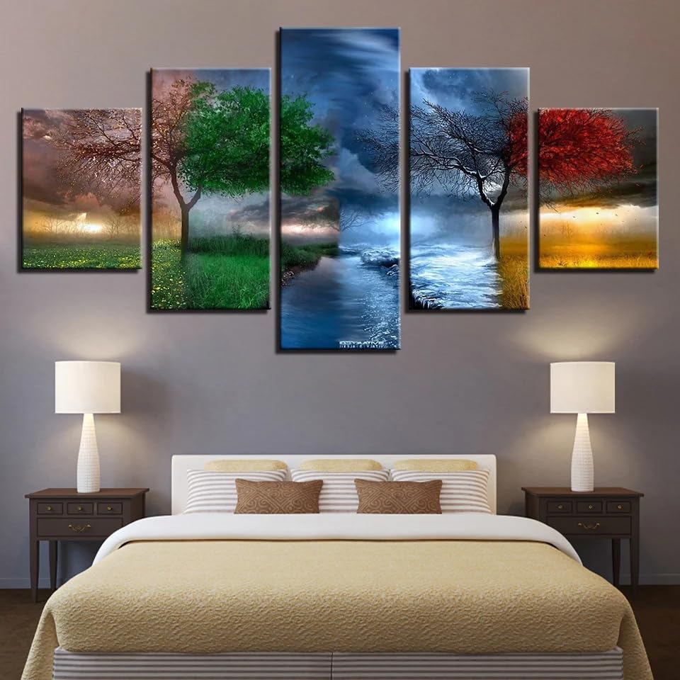 Poster mural xxl arbres 4 saisons sur toile moderne pour grand mur salon