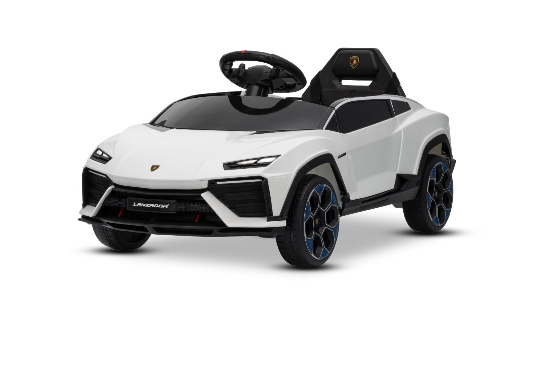 Lamborghini Lanzador elektryczny Ride-on-Auto 12 V z napędem na tylne koła, licencjonowany (jednoosobowy), biały, bateria litowa, oświetlenie LED, szerokie siedzisko, pilot zdalnego sterowania 2,4 GHz