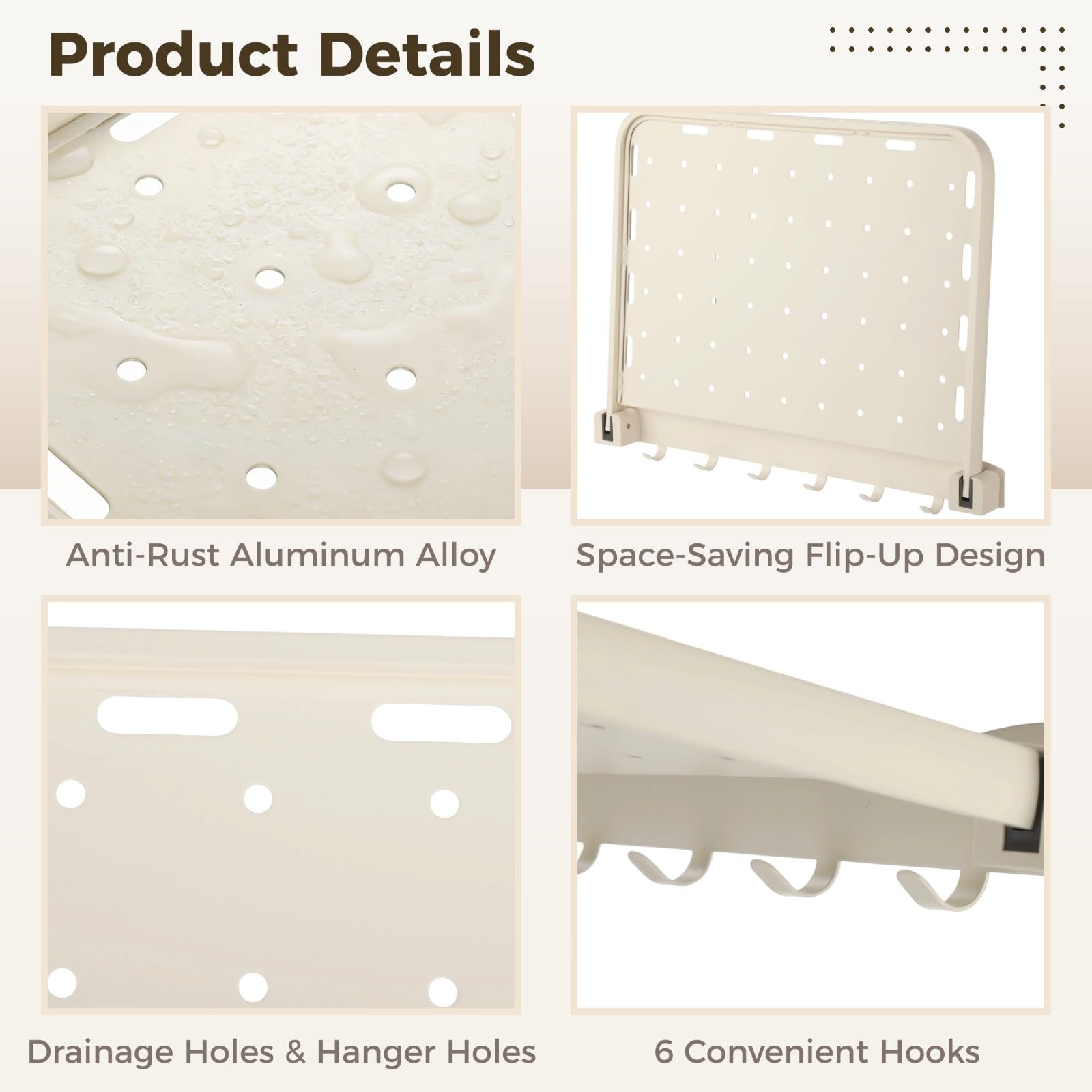 Faltbares Badezimmer-Wandregal mit 6 Haken, klappbarer Organizer aus Aluminiumlegierung mit Ablauflöchern und Kleiderbügelöffnungen, wandmontierter Halter ohne Bohren für Küche und Wohnmobil
