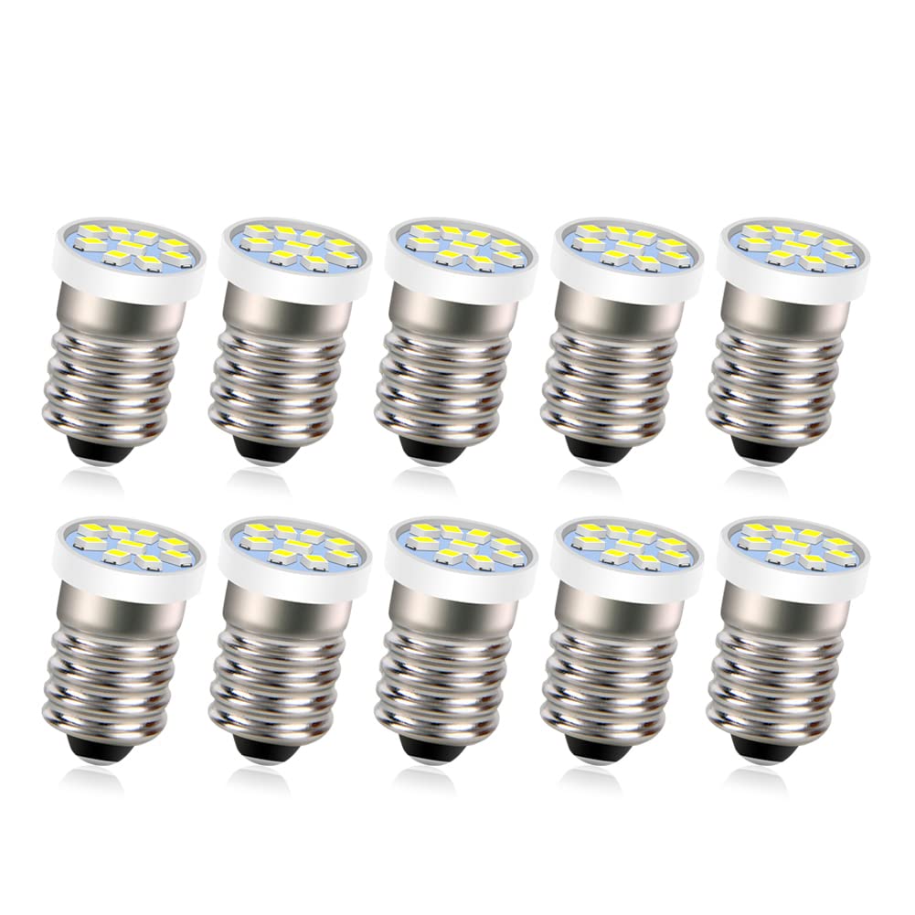 Ruiandsion 10pcs E10 Screw Base LED Bulb 6V White 2016 9SMD Replacement for Flashlights Torch Work Lights, Non-Polarity