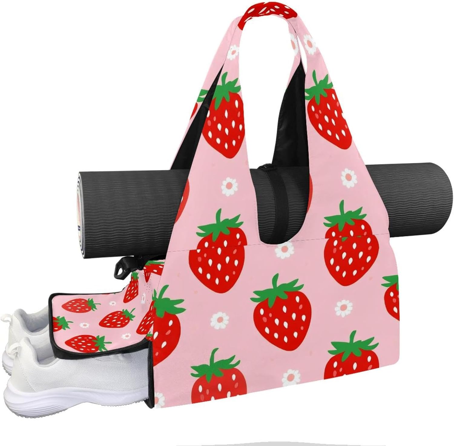 Yoga Mat Bag, Gym Workout Bag with Shoe Compartment, Red Strawberry Pilates Bag for Women, Quick Access Storage Yoga Tote Bag for Sports Travel Office