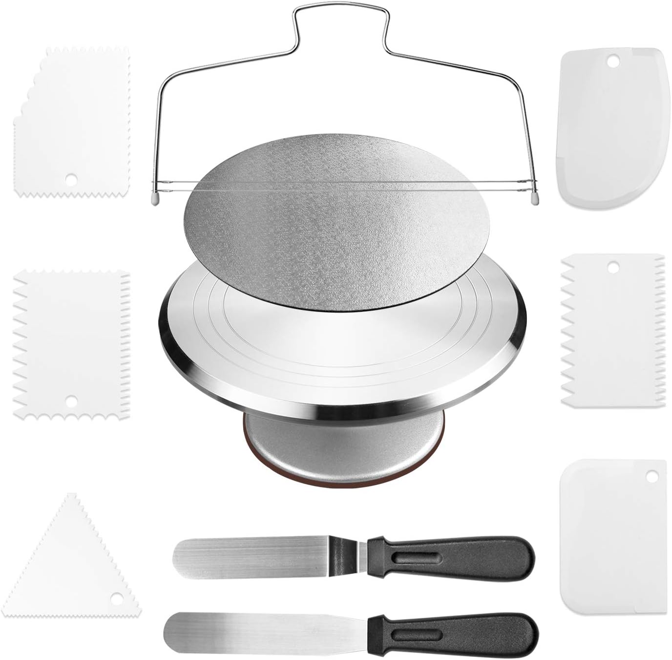 MiecuxCake Decorating Supplies Cake Stand Aluminium Revolving Cake Turntable - 12'' Rotating Cake Decorating Stand with 2 Angled Icing Spatulas and 6 Comb Icing Smoother, Cake Leveler,Cake Board