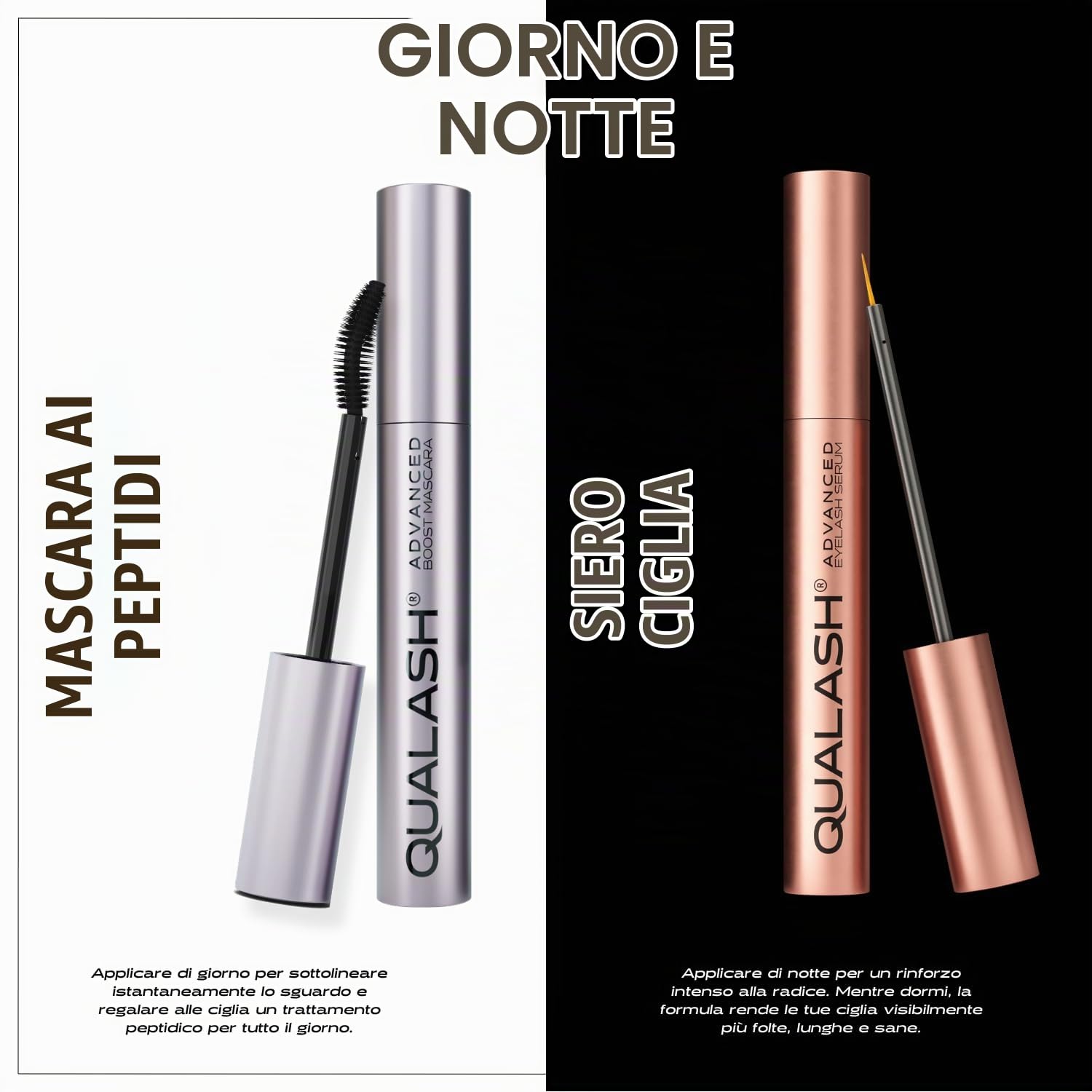 Siero Ciglia Allungante (3.5 ml) + Mascara Volumizzante e Allungante con Peptidi (10 ml), Exclusive Duo Per Ciglia più Lunghe e Folte