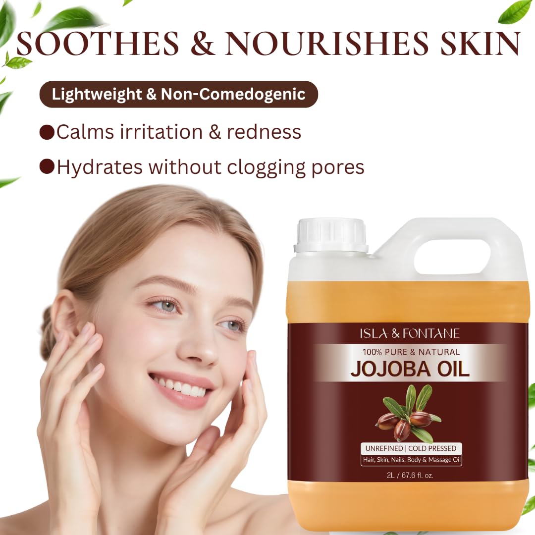 ISLA & FONTANE Jojoba Oil Set – 67.6 Fl Oz (2L) | 100% Pure & Natural | Golden, Unrefined, Cold Pressed | 2 Dropper Bottles & Massager | Hexane-Free Carrier Oil for Skin, Hair, Face, Nails & Body - Image 4
