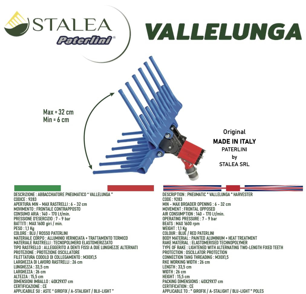 PATERLINI Vareador neumático profesional para recoger aceitunas – Vareador recogedor de aceitunas de aire comprimido, ligero y potente – Ideal para recoger aceitunas rápidamente (VALLELUNGA)