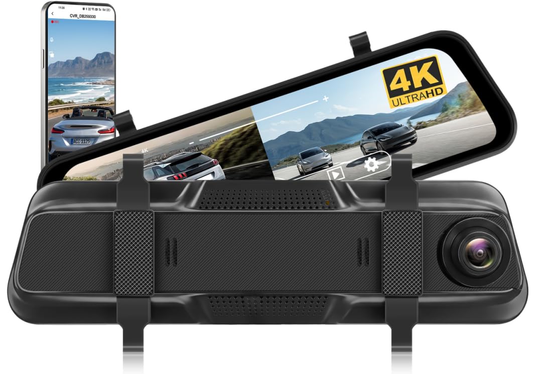 CAMECHO 9,66" Mirror Dash CAM, Caméra Embarquée Avant pour Voiture avec écran Tactile Intégré au Rétroviseur, 4K à l'avant et 1080p à l'arrière avec Double Vision Nocturne et Grand Angle de 150°/120°