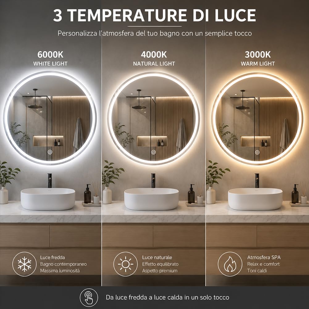 Shally Dogan Specchio Tondo da Parete con Led Dimmerabile a 3 Colori, Bianco Freddo, Caldo e Naturale, Accensione con Touch, Decorazione da Muro Design Moderno e Salvaspazio