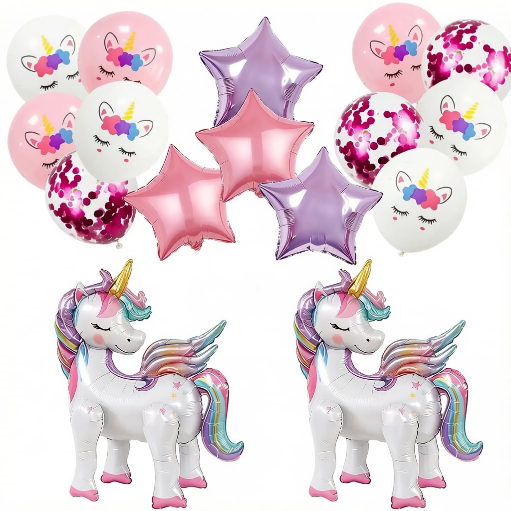 Satiskid 16 Pcs Unicorn Balloons Set, Self Standing 3D Unicorn Balloon with Star Balloons, Magical Foil Party Decorations for Girls Birthday Theme Party Supplies