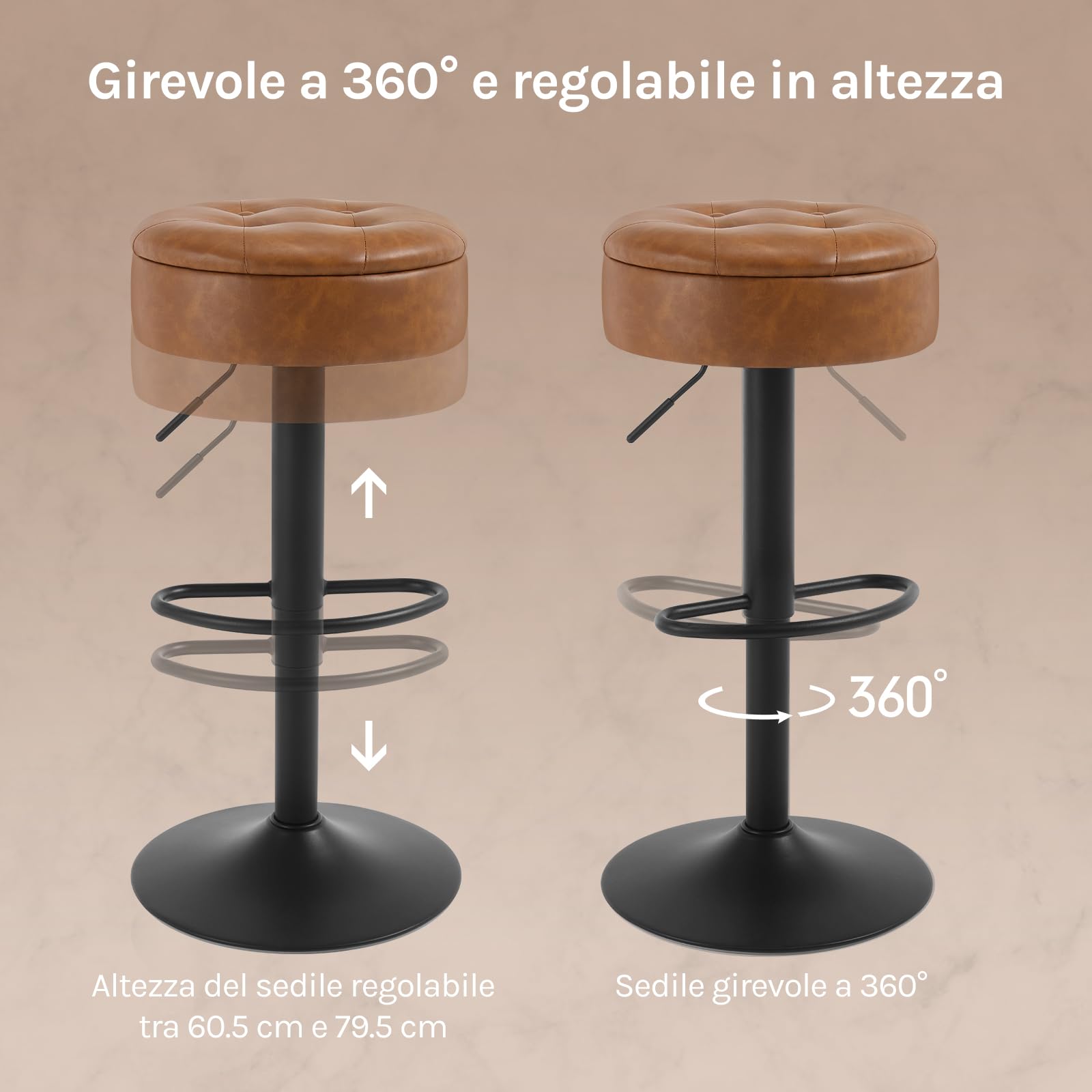 WOLTU Set di 2 Sgabelli Cucina, Sgabelli da Bar Alti con Spazio Contenitivo, Sedia Regolabili in Altezza e Girevoli a 360°, per Cucina Sala da Pranzo Bar Bancone, Pelle Sintetica, Metallo, Marrone