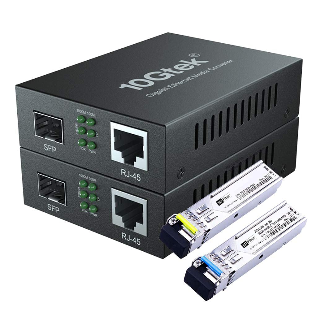 HiFiber EIN Paar Bidi Gigabit Ethernet Medienkonverter, 1.25G SFP zu RJ45 Glasfaser zu Kupfer, Eingebauter Bidi SFP Transceiver (1000Base-LX, 20km, Singlemode Simplex LC )
