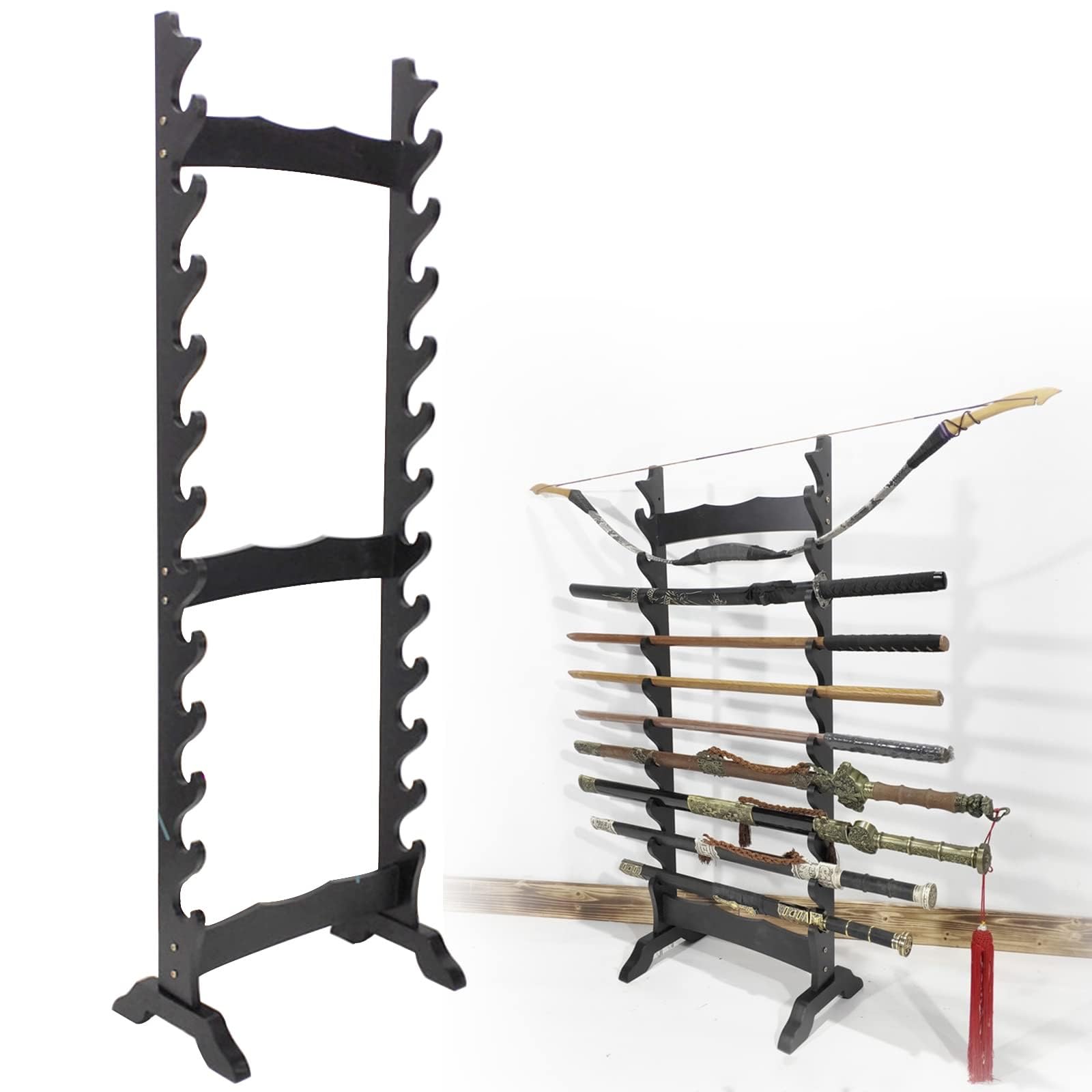 GUODDM Sword Display Katana Holder, Multilayer Floor Display Wall Hanger, 6-12 Tier Vertical, Martial Arts Wood Wand Rack For Storing Various Swords & Fishing Rod(Black,12 floors)