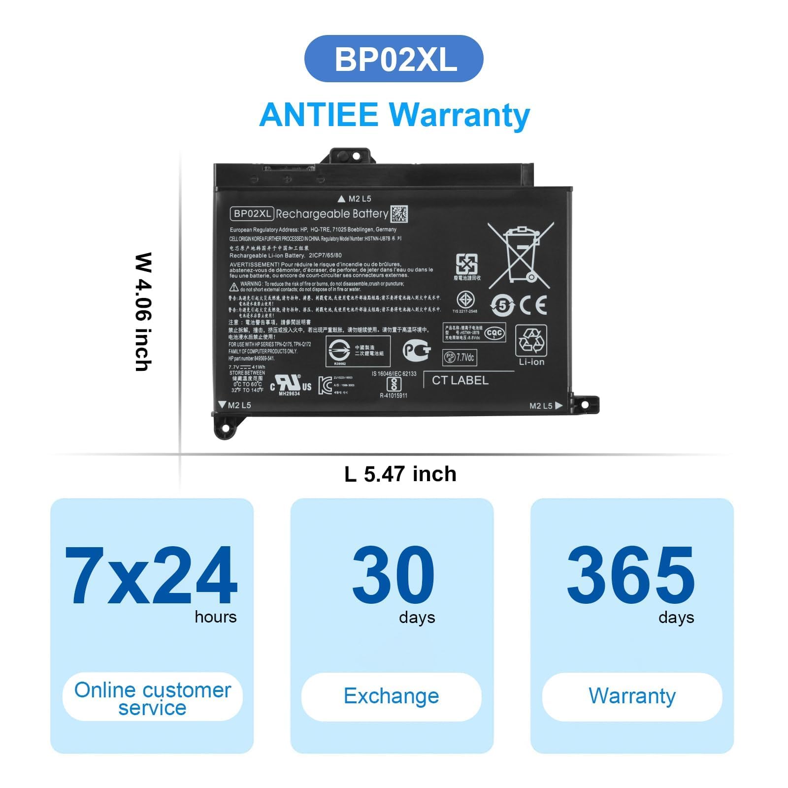 Batería portátil ANTIEE BP02XL para HP Pavilion 15-AU000 15Z-AW000 | 7,7V 41Wh, compatible 849909-850 849569-421 BP02041XL TPN-Q172, apto 15-AU010WM 15-AU018WM