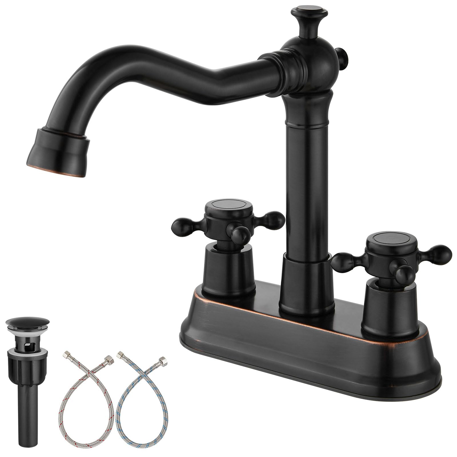 Photo 1 of Aolemi Centerset Oil Rubbed Bronze 4 Inch Bathroom Sink Faucet Brass Double Cross Handles Vanity Vintage Deck Mounted Swivel Spout Mixer Tap Basin Lavatory Faucet Utility Include Pop Up Drain Two Hole- with Pop Up Drain Oil Rubbed Bronze