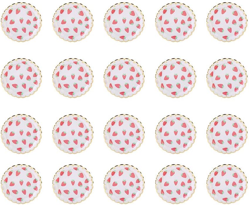 FUNZZY 20 Pcs Strawberry Plates Sets Disposable Paper Fruit Tableware Food Plates Birthday Party Supplies (7 Inch)