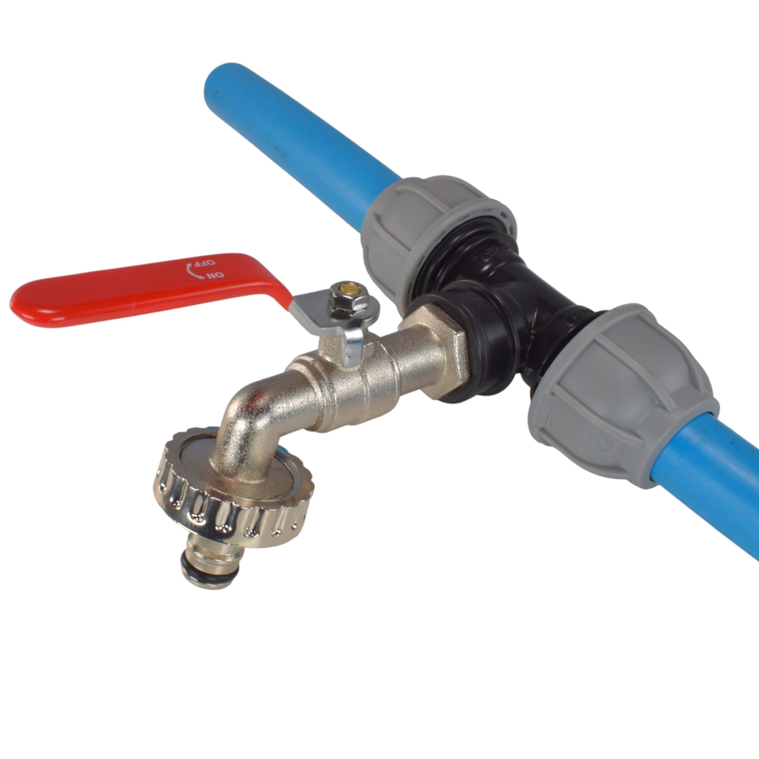Mdpe Compression Tee with Easy Turn Lever tap Barb/Click Hose Outlet Options,fits 20mm,25mm and 32mm Water Pipe (20mm mdpe tee+Lever tap Click)