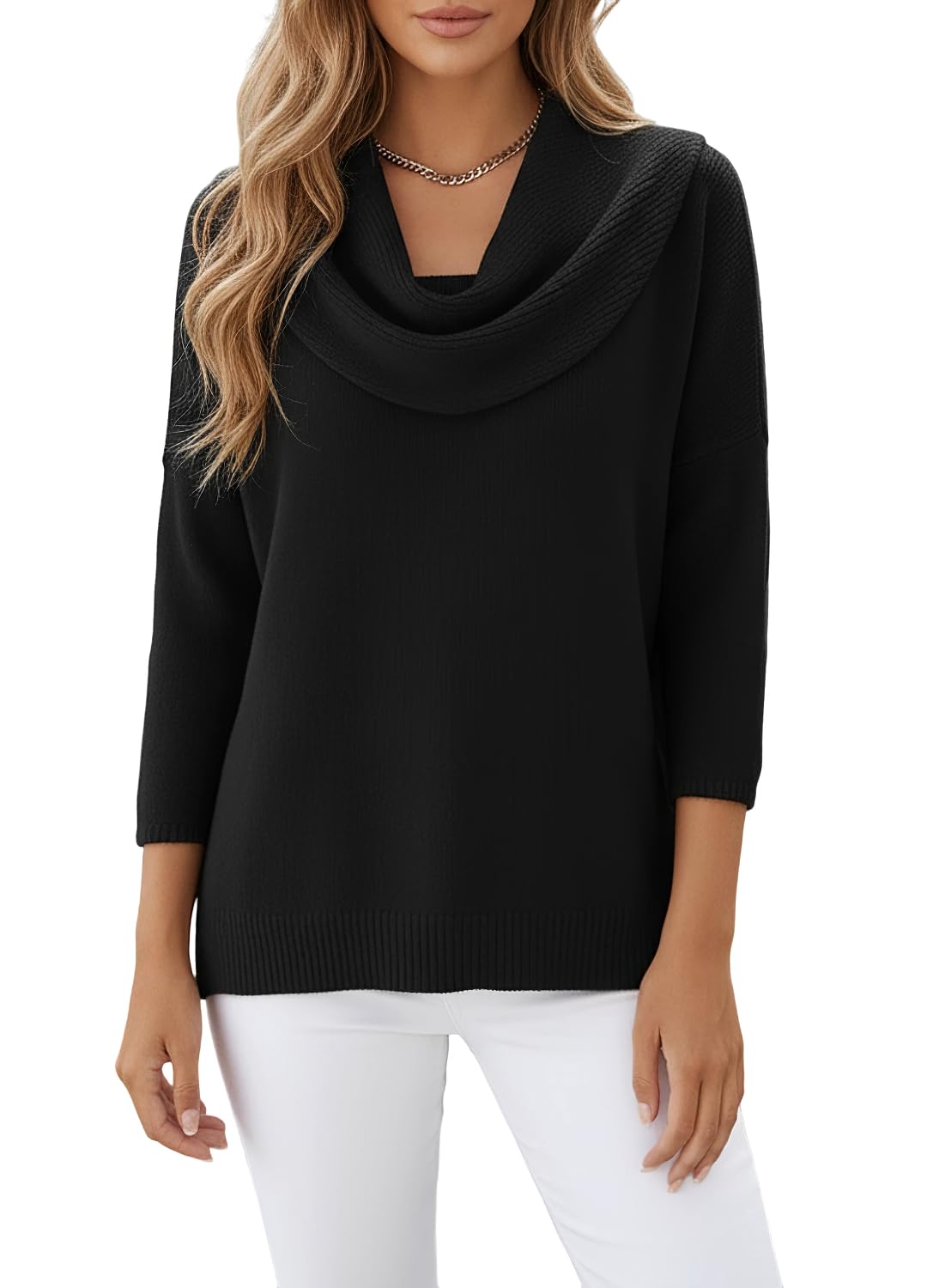 Womens Cowl Neck Knitted Sweater Long Sleeve Solid Fall Casual Loose Fit Pullover Tops