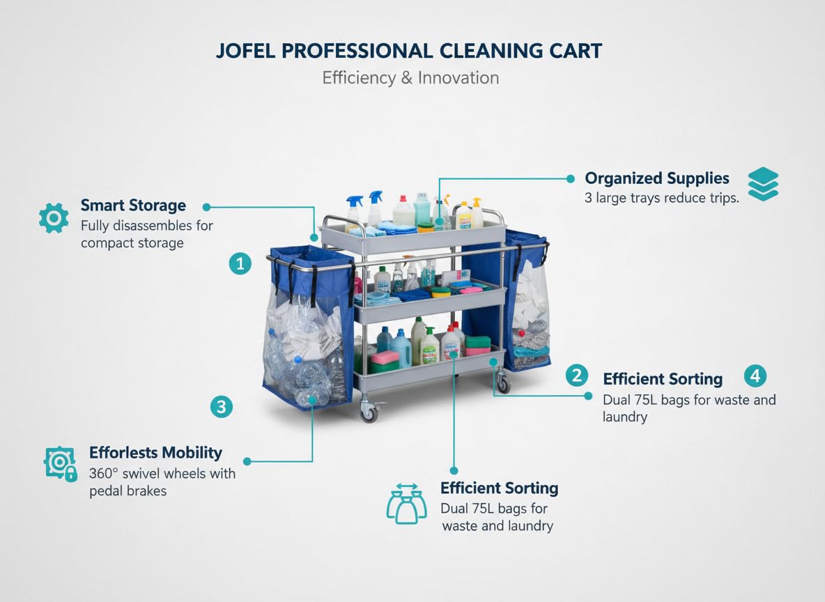 Jofel - AL50150, Carro Camarera Metálico, 3 Bandejas Grandes Y 2 Bolsas Laterales, Totalmente Desmontable, Para Horeca, Hoteles, Geriátricos, Residencias, Hospitales, Clínicas